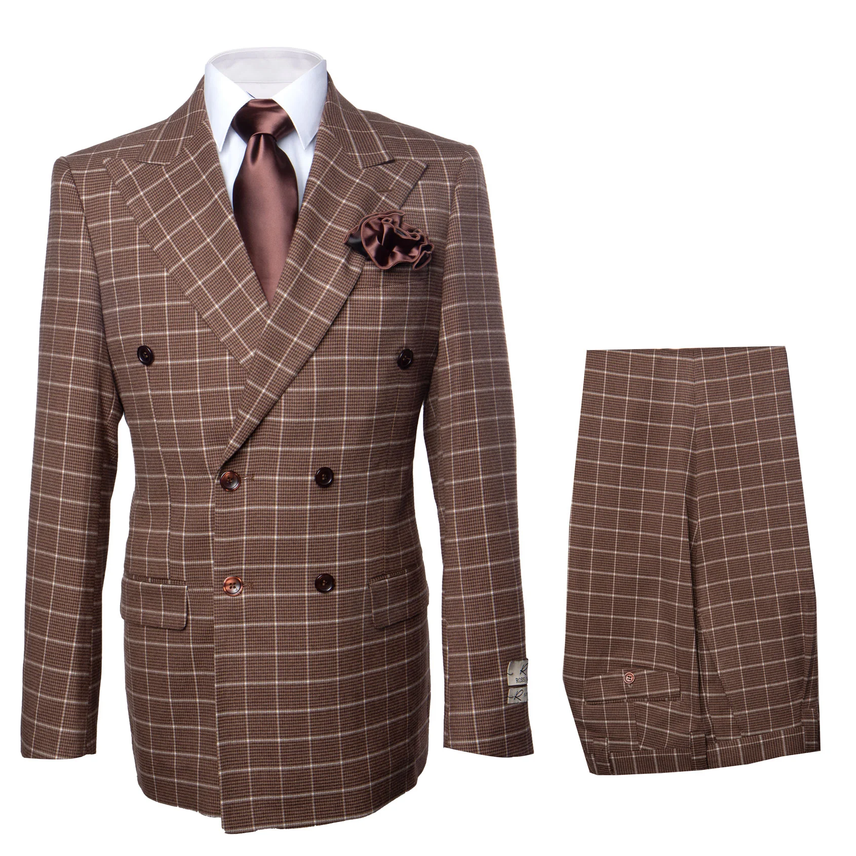 Suits With Baggy Pleated Pants - Wide Leg Pants 100% Wool - Classic Fit in Brown Plaid Color by Rossiman - 38 Regular