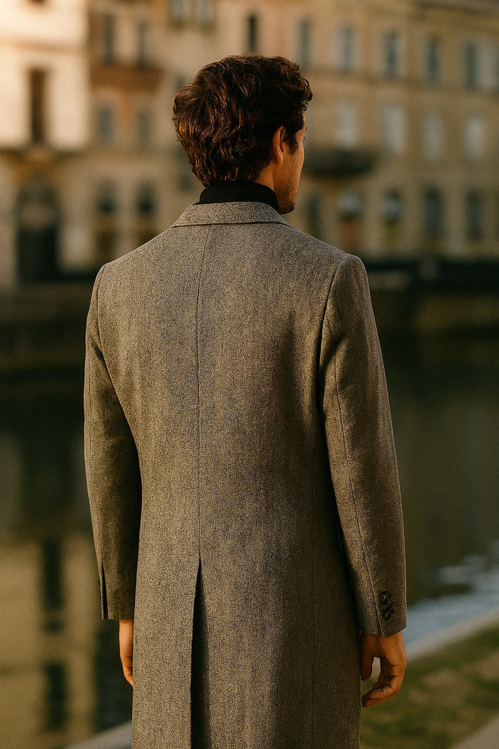 Herringbone Wool & Cashmere Chesterfield Overcoat â€“ 1920s Full Length
