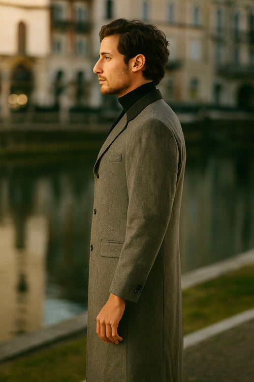 Herringbone Wool & Cashmere Chesterfield Overcoat â€“ 1920s Full Length