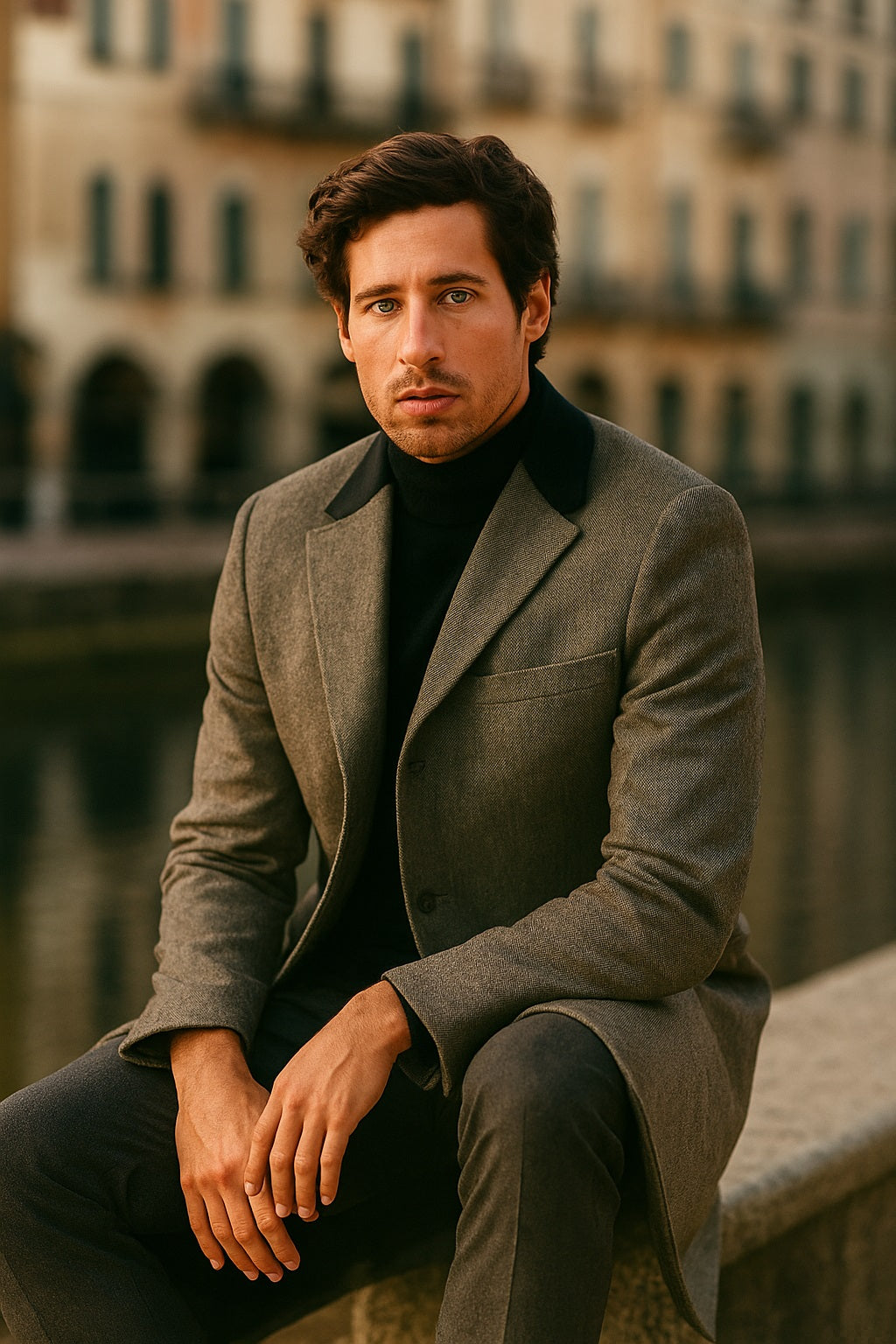 Herringbone Wool & Cashmere Chesterfield Overcoat – 1920s Full Length - Coat Size 38