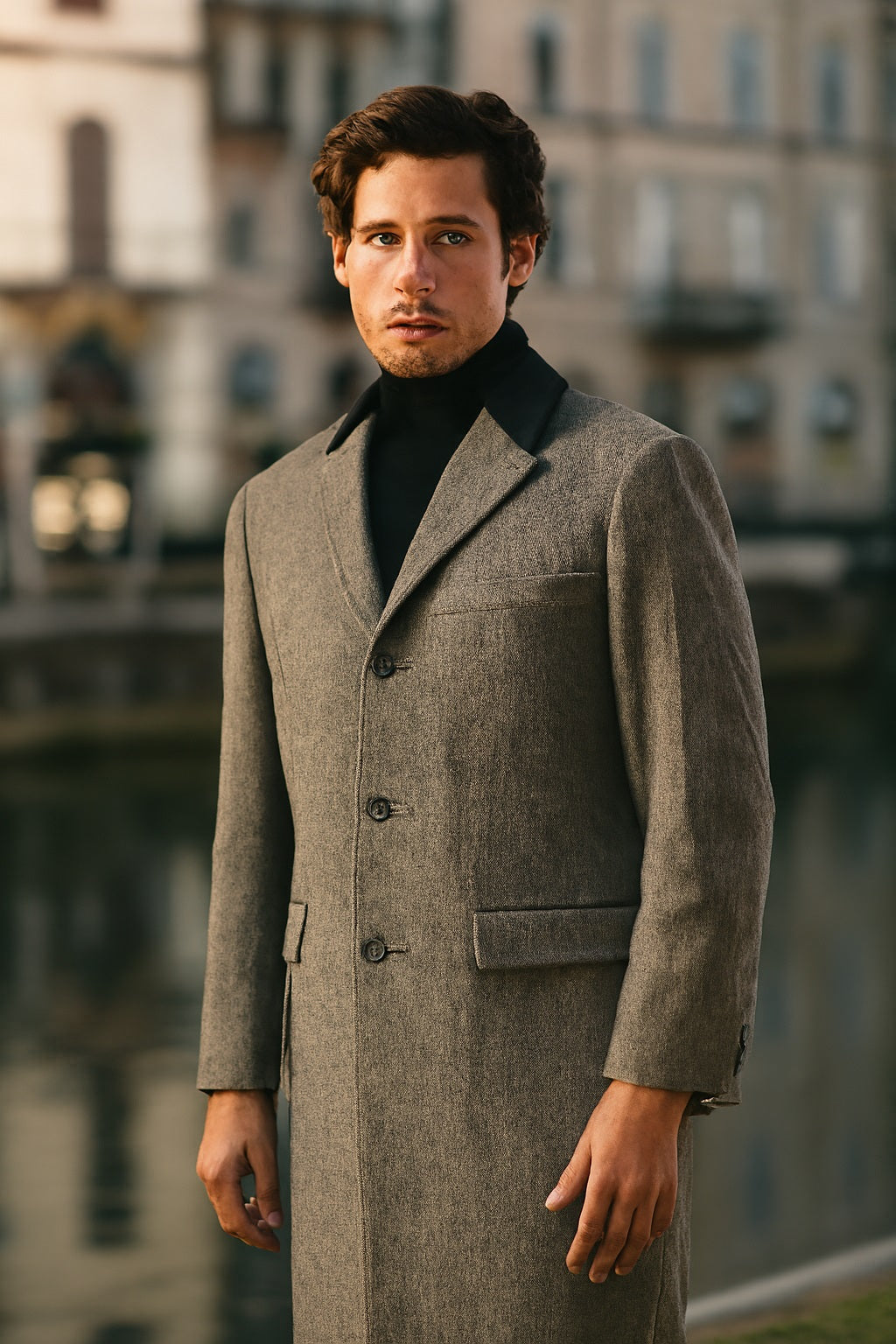 Herringbone Wool & Cashmere Chesterfield Overcoat – 1920s Full Length - Coat Size 38