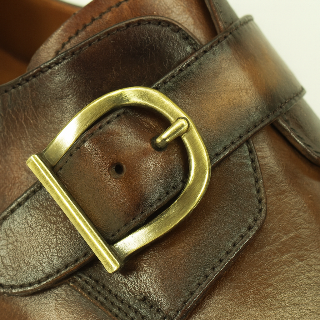 Mens Carrucci Classic Leather Fade Single D-Buckle Monk Strap Dress Shoe in Chestnut - 7