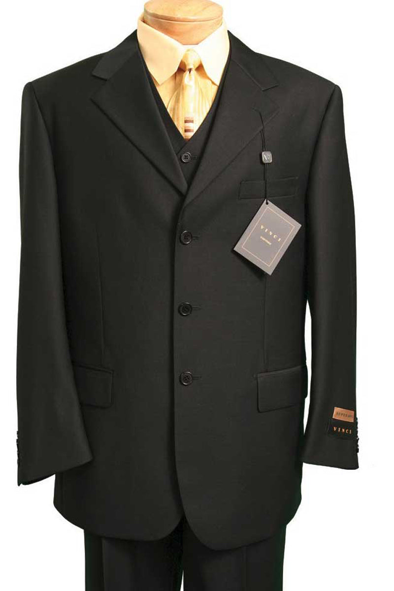 Mens 3 Button Vested Basic Wool Feel Suit in Black - 40 Short