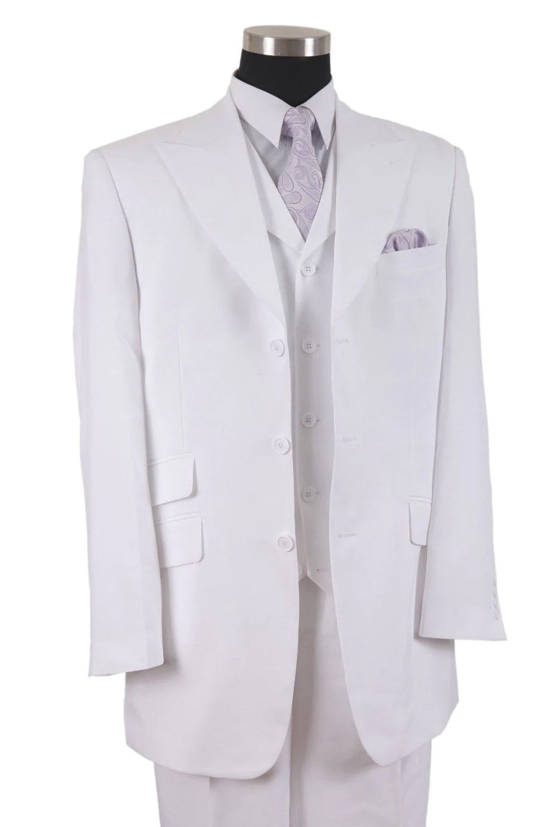 "White Men's Fashion Suit - 3 Button Vested Wide Peak Lapel"