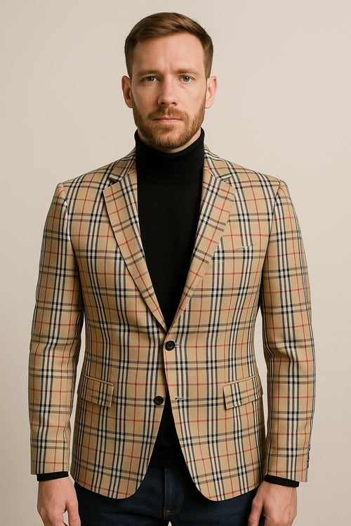 Classic Beige Checkered Blazer â€“ Tan Plaid Sport Coat - Camel Windowpane Pattern