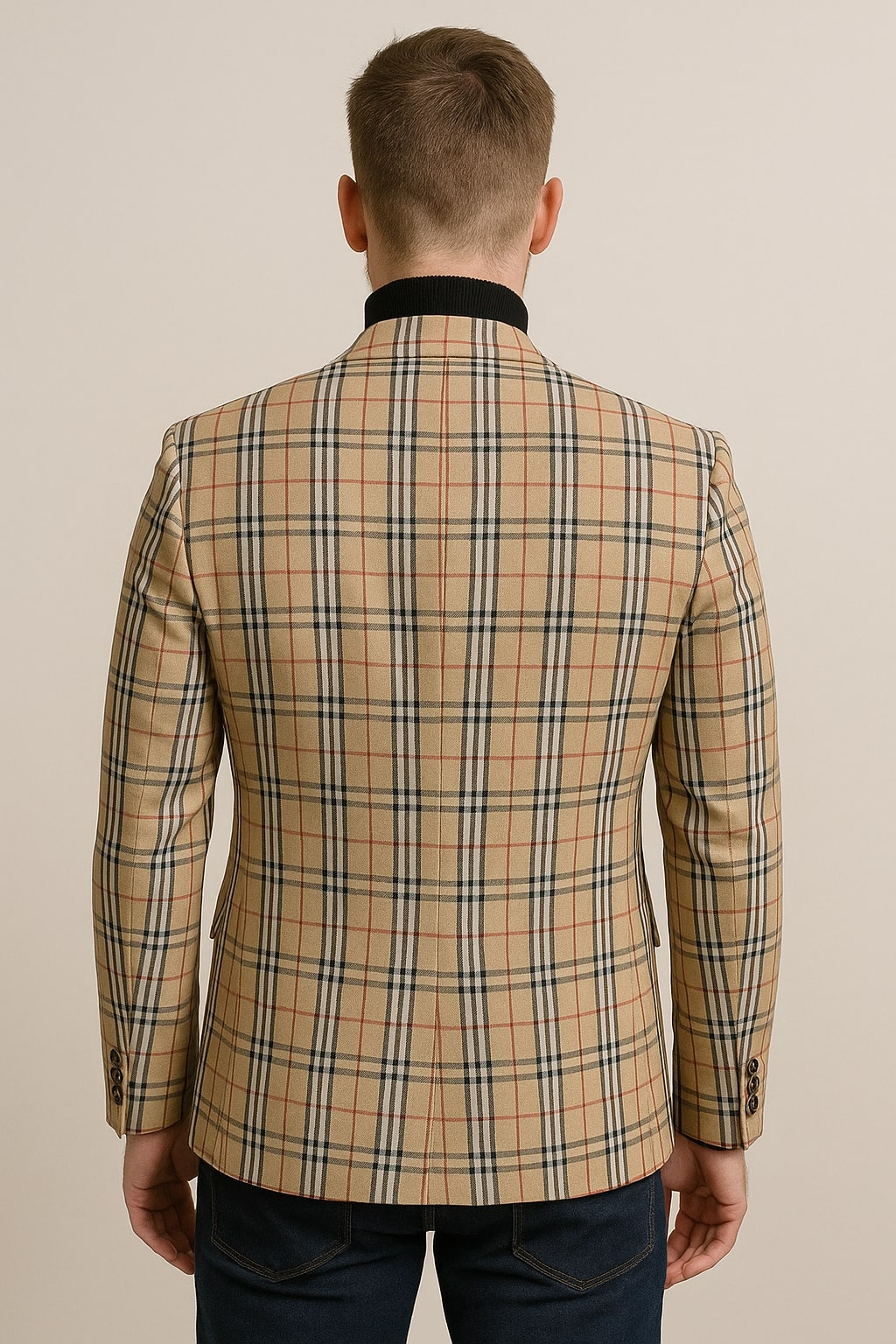 Classic Beige Checkered Blazer â€“ Tan Plaid Sport Coat - Camel Windowpane Pattern - 36 Short