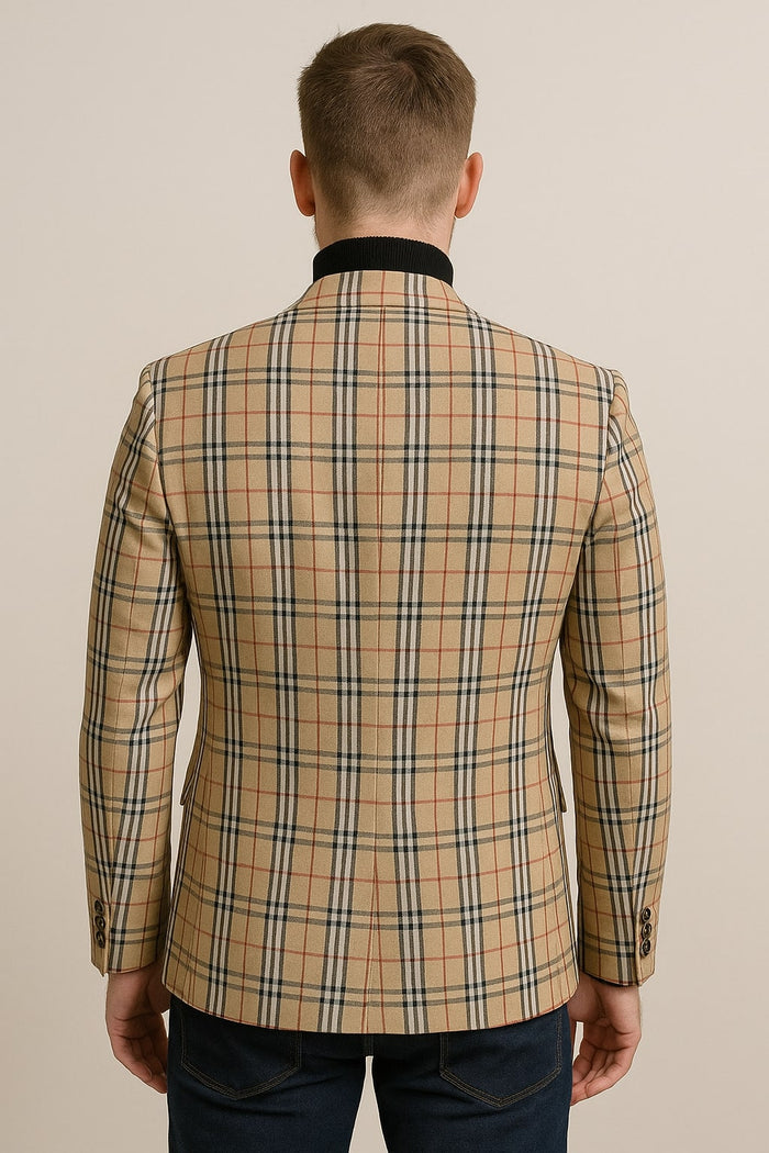 Classic Beige Checkered Blazer â€“ Tan Plaid Sport Coat - Camel Windowpane Pattern