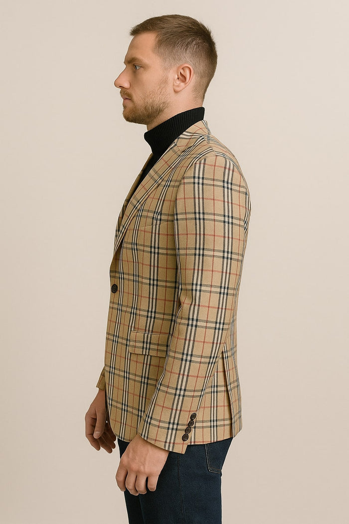 Classic Beige Checkered Blazer â€“ Tan Plaid Sport Coat - Camel Windowpane Pattern