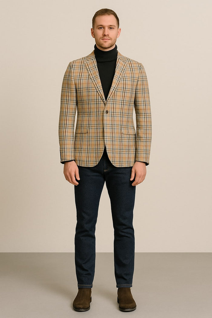 Classic Beige Checkered Blazer â€“ Tan Plaid Sport Coat - Camel Windowpane Pattern