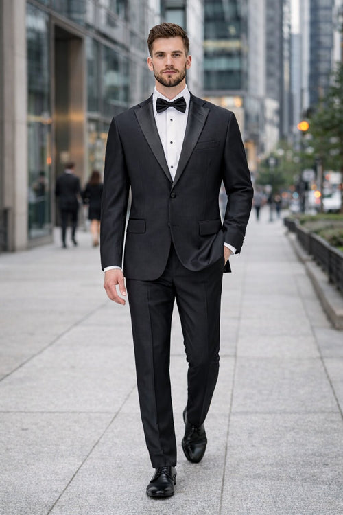 Mens Tiglio Modern Fit Black Wool Tuxedo Classic Satin Lapel Formal Suit