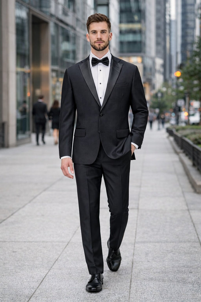 Mens Tiglio Modern Fit Black Wool Tuxedo Classic Satin Lapel Formal Suit