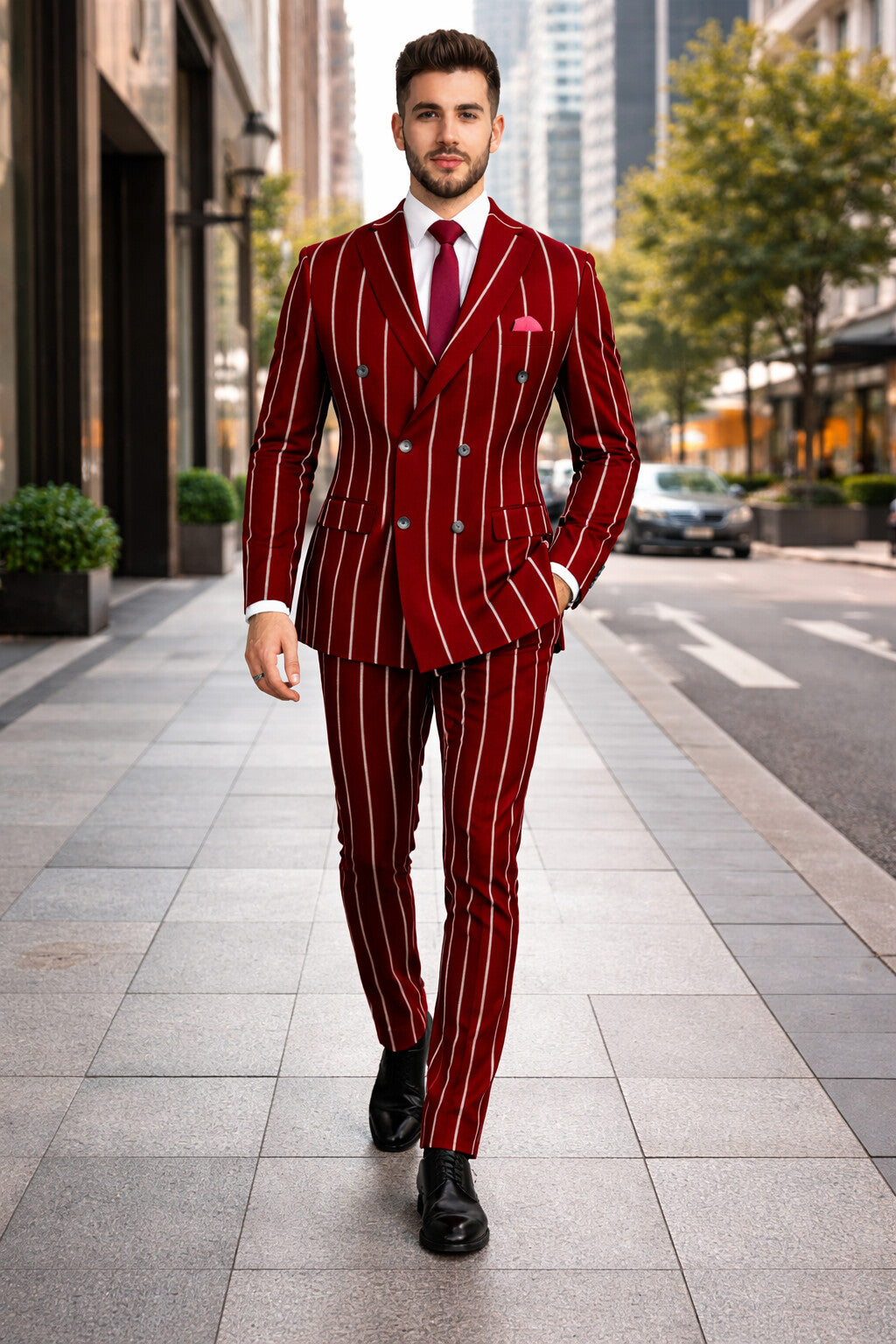 Burgundy Pinstripe Suit - Mens 1920s Gangster Pinstripe Suit - Lapel Chalk Pinstripe Red