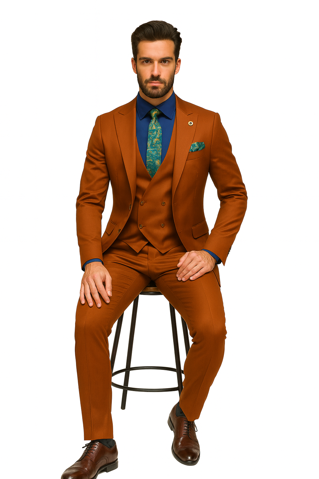 Classic Burnt Orange Three-Piece Suit – Stylish Wedding Outfit-New Designer Collection - 38 Long + 32 Waist(Adjust 2" Large and amp 4")