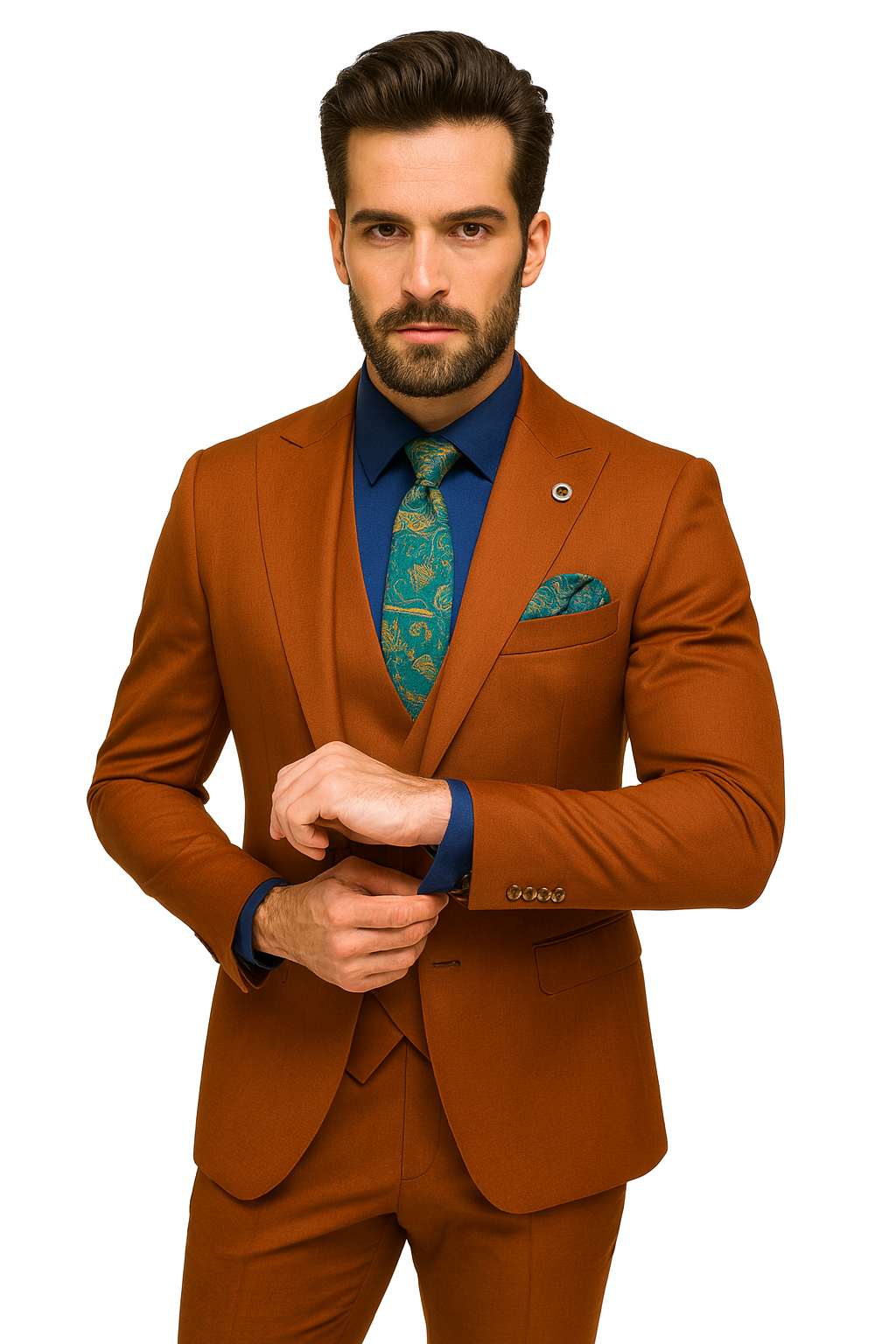Classic Burnt Orange Three-Piece Suit – Stylish Wedding Outfit-New Designer Collection - 38 Long + 32 Waist(Adjust 2" Large and amp 4")