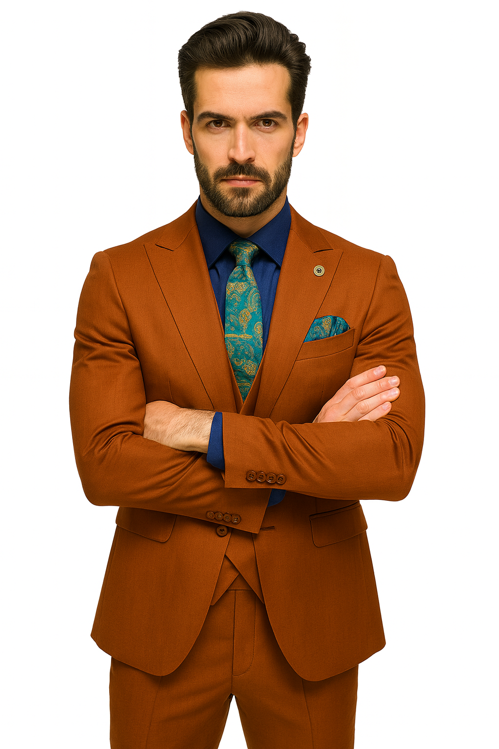 Classic Burnt Orange Three-Piece Suit – Stylish Wedding Outfit-New Designer Collection - 38 Long + 32 Waist(Adjust 2" Large and amp 4")