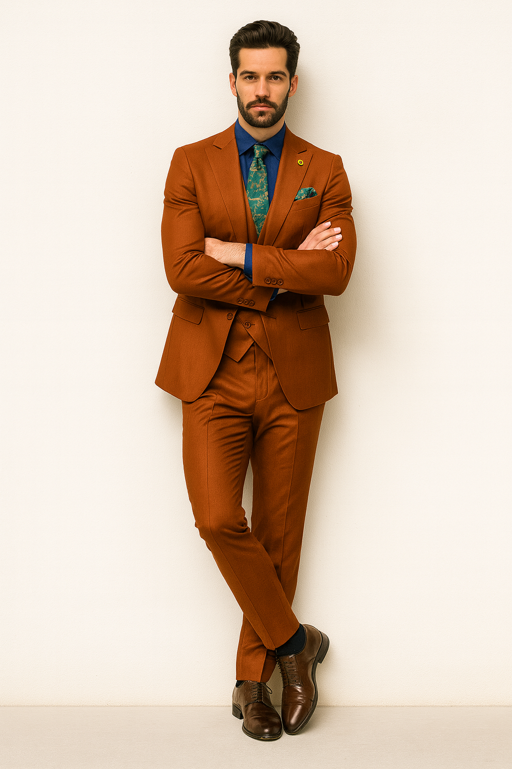 Classic Burnt Orange Three-Piece Suit – Stylish Wedding Outfit-New Designer Collection - 38 Long + 32 Waist(Adjust 2" Large and amp 4")