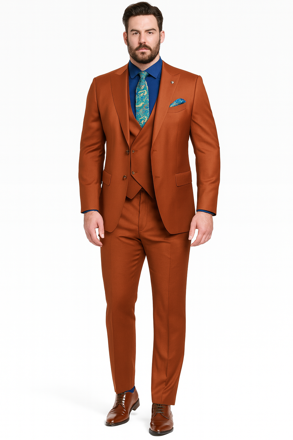 Classic Burnt Orange Three-Piece Suit – Stylish Wedding Outfit-New Designer Collection - 38 Long + 32 Waist(Adjust 2" Large and amp 4")