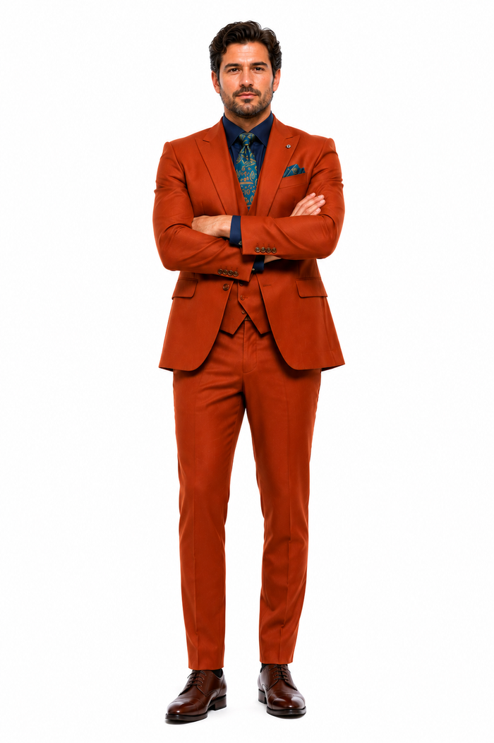 Classic Burnt Orange ~ Rust Three-Piece Suit Stylish Wedding Outfit-New Designer Collection