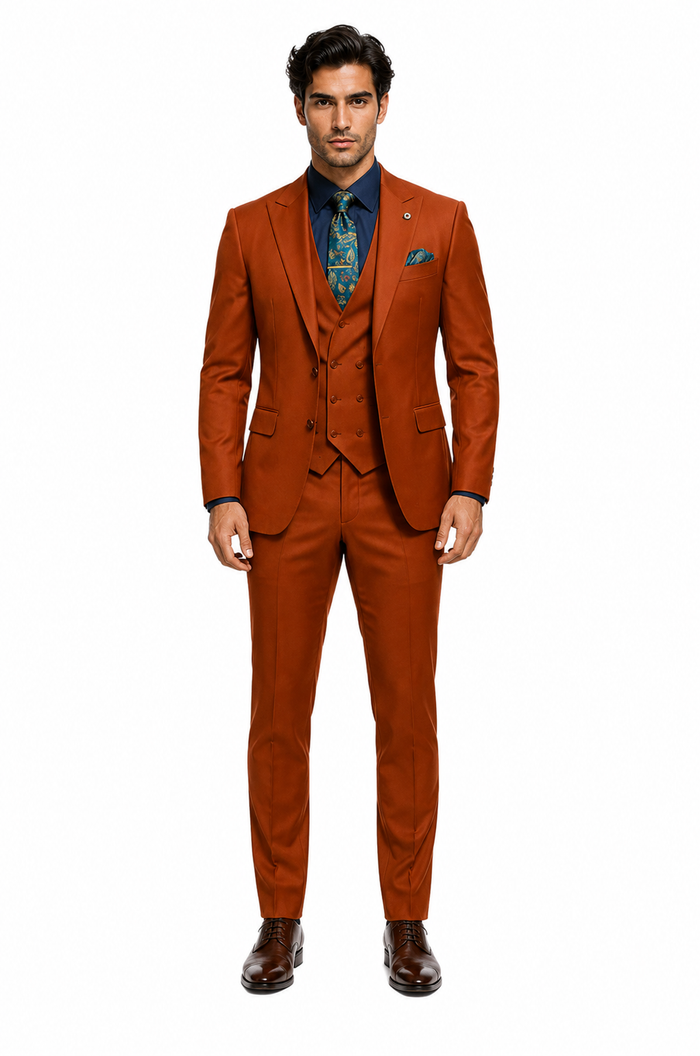 Classic Burnt Orange ~ Rust Three-Piece Suit Stylish Wedding Outfit-New Designer Collection