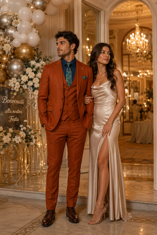 Classic Burnt Orange ~ Rust Three-Piece Suit Stylish Wedding Outfit-New Designer Collection