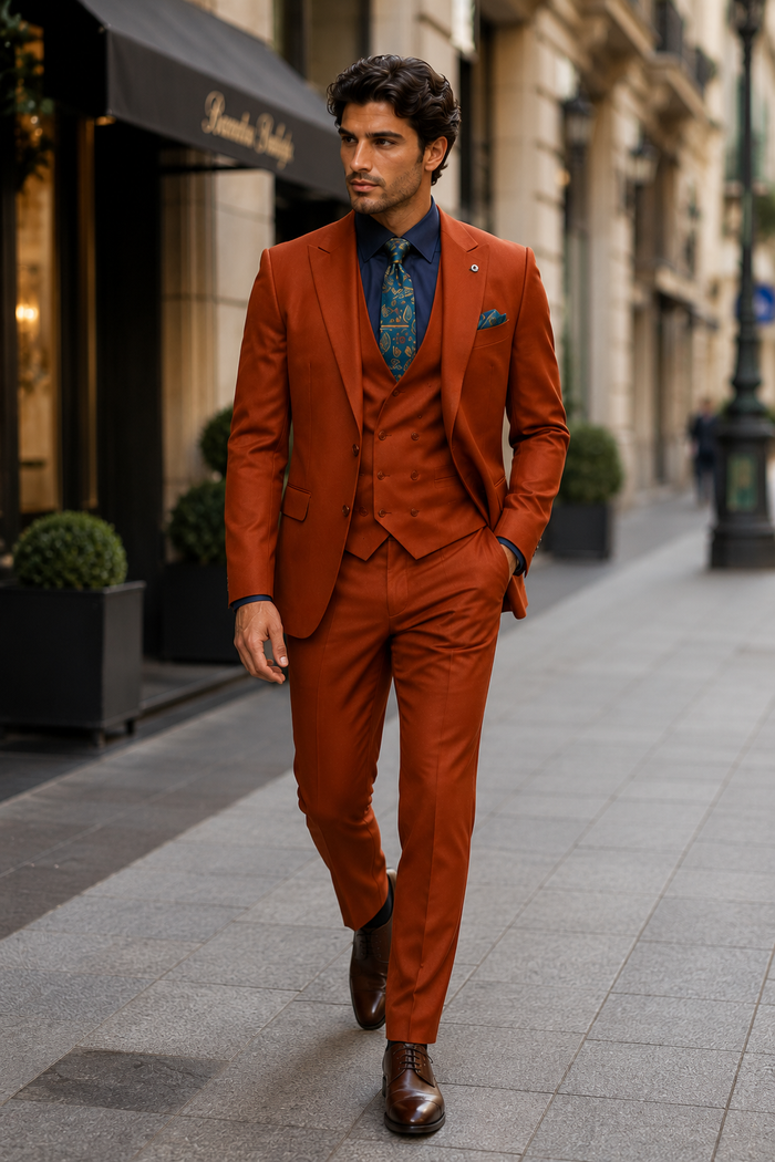Classic Burnt Orange ~ Rust Three-Piece Suit Stylish Wedding Outfit-New Designer Collection