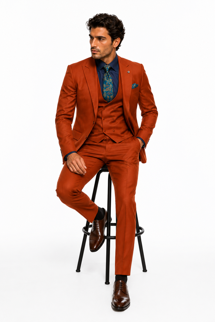 Classic Burnt Orange ~ Rust Three-Piece Suit Stylish Wedding Outfit-New Designer Collection