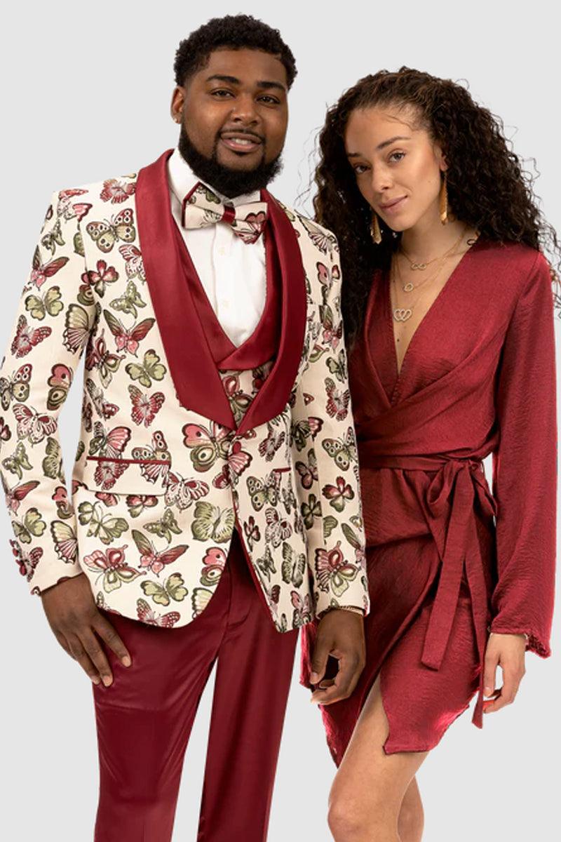 Classic EJ Samuel Beige & Burgundy Butterfly Vested Tuxedo Wedding Menswear - 40 Long + 34 Waist(Adjust 2" Large and amp 4")