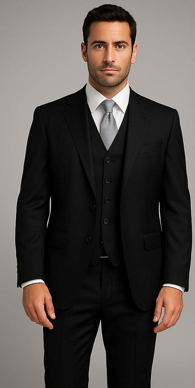 Classic Fit - Black Suit - Three Button Vested Suit - Athletic Fit