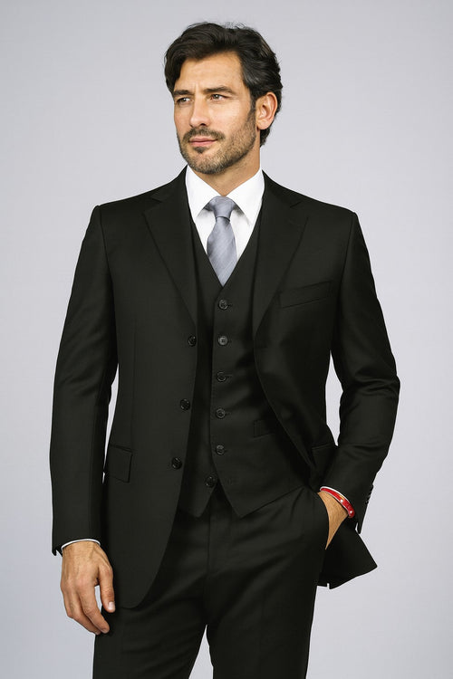 Classic Fit - Black Suit - Three Button Vested Suit - Athletic Fit