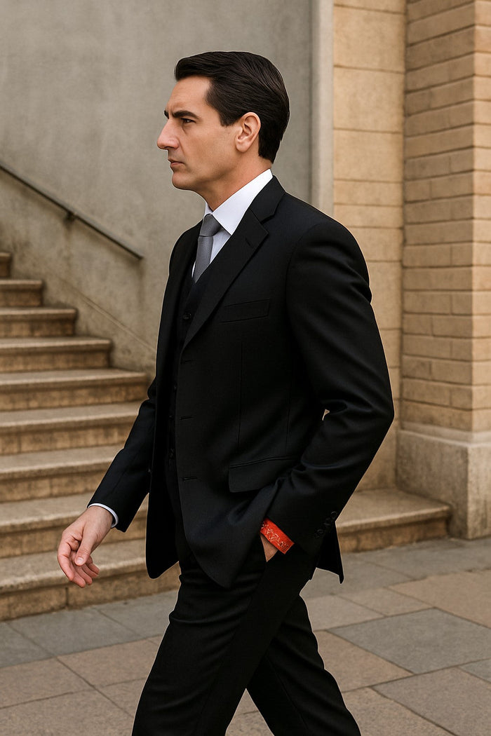 Classic Fit - Black Suit - Three Button Vested Suit - Athletic Fit