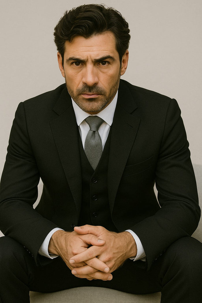 Classic Fit - Black Suit - Three Button Vested Suit - Athletic Fit