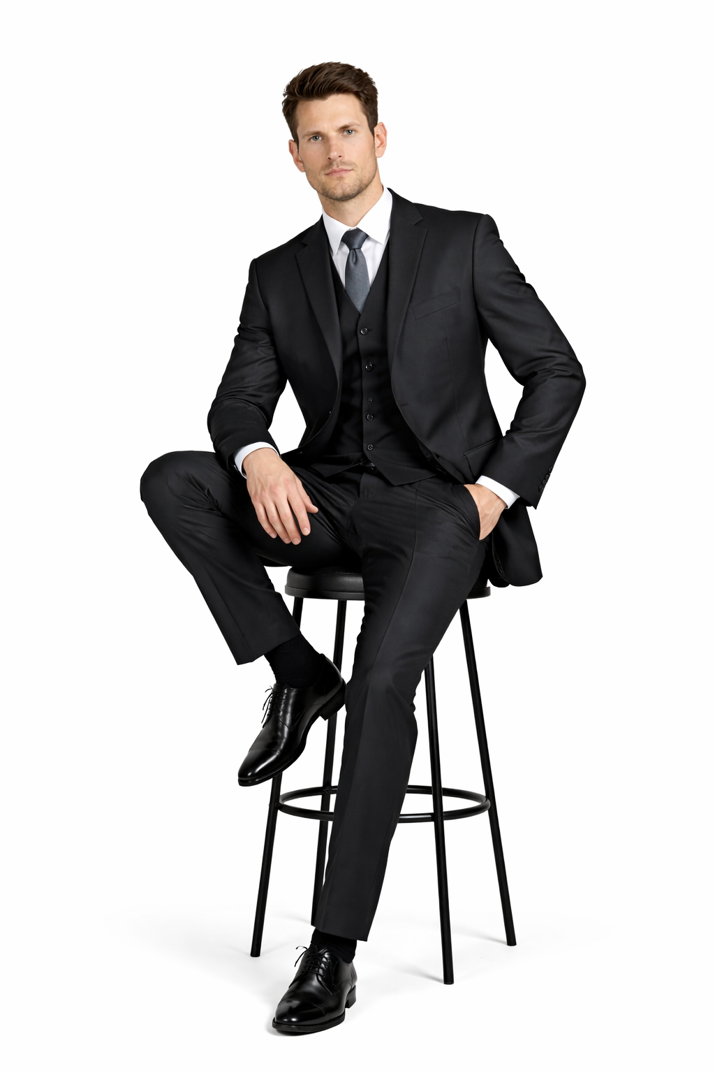 Classic Fit - Charcoal Suit - Three Button Vested Suit - Athletic Fit-New Designer Collection - 34 Short or Extra Small