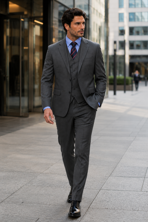 Classic Fit - Dark Grey Suit - Three Button Vested Suit - Athletic Fit-New Designer Collection