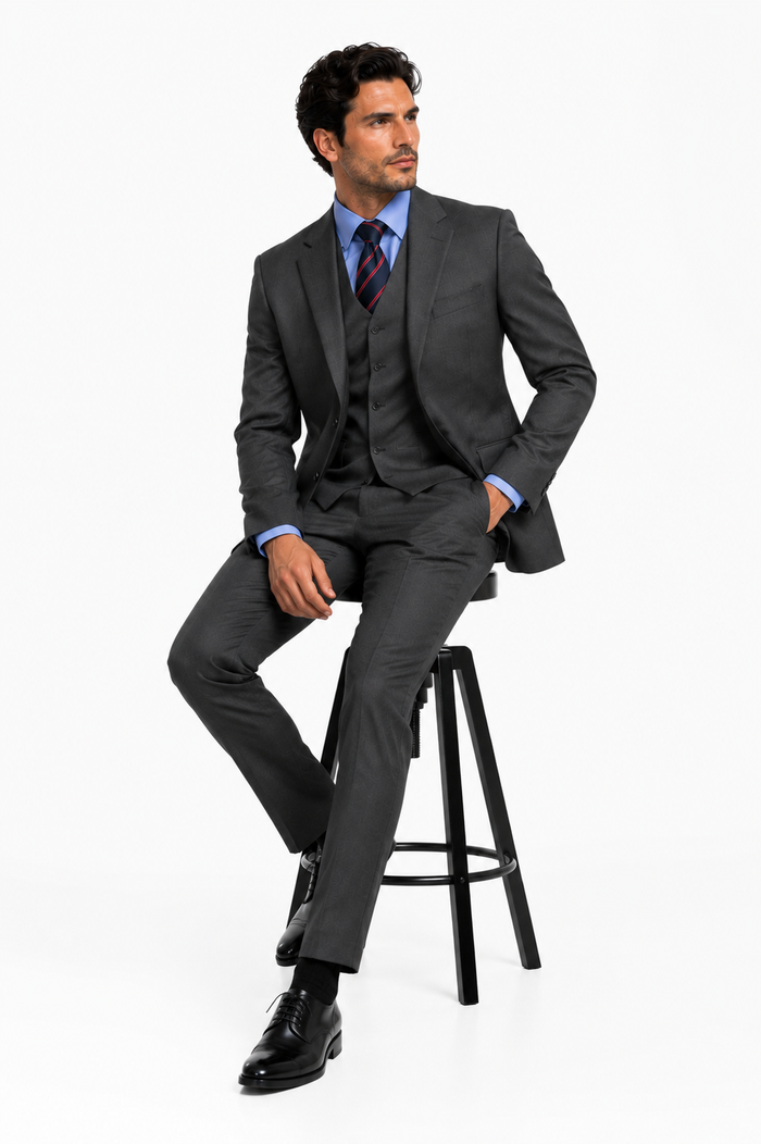 Classic Fit - Dark Grey Suit - Three Button Vested Suit - Athletic Fit-New Designer Collection