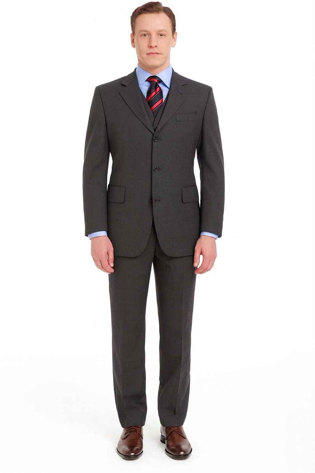 Classic Fit - Dark Grey Suit - Three Button Vested Suit - Athletic Fit-New Designer Collection - 38 Short Jacket+32 Waist Adjustable 28to34)(Height: 5 4 to5 7 )(Neck  15-16.5)S-M)