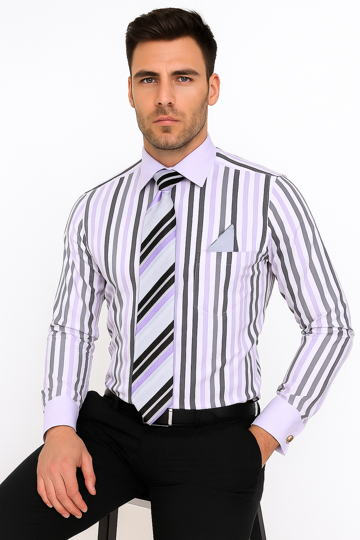 Classic Fit French Cuff Striped Black Shirt With Matching Tie And Hanky White Collar Two Toned Contrast Men's Dress Shirt - New Arrival
