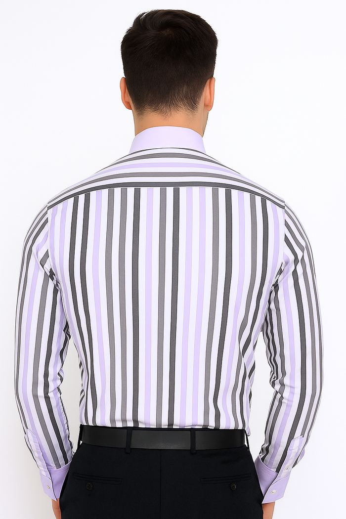 Classic Fit French Cuff Striped Black Shirt With Matching Tie And Hanky White Collar Two Toned Contrast Men's Dress Shirt - New Arrival