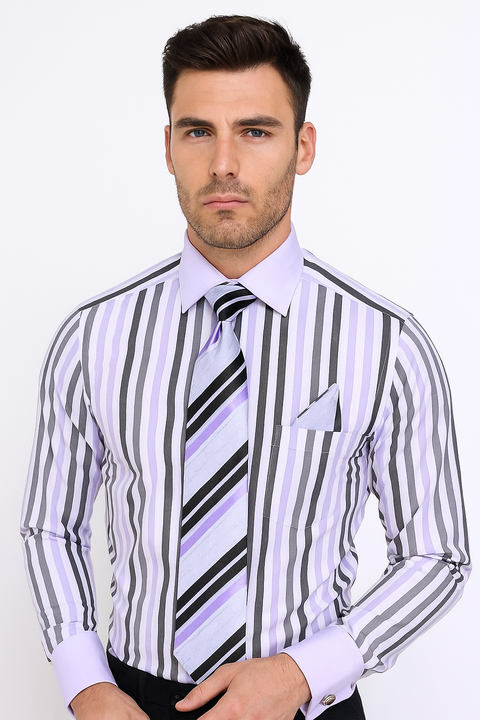 Classic Fit French Cuff Striped Black Shirt With Matching Tie And Hanky White Collar Two Toned Contrast Men's Dress Shirt - New Arrival