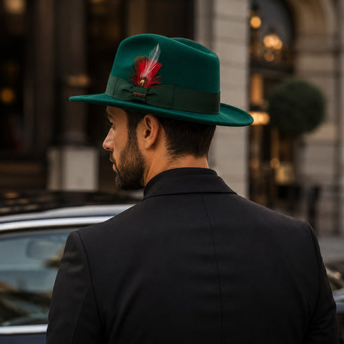 Gangster 100% Australian Wool Crushable Mens Fedora Hat - Removable Feather Gangster  Hunter Green Mens Fedora Hat