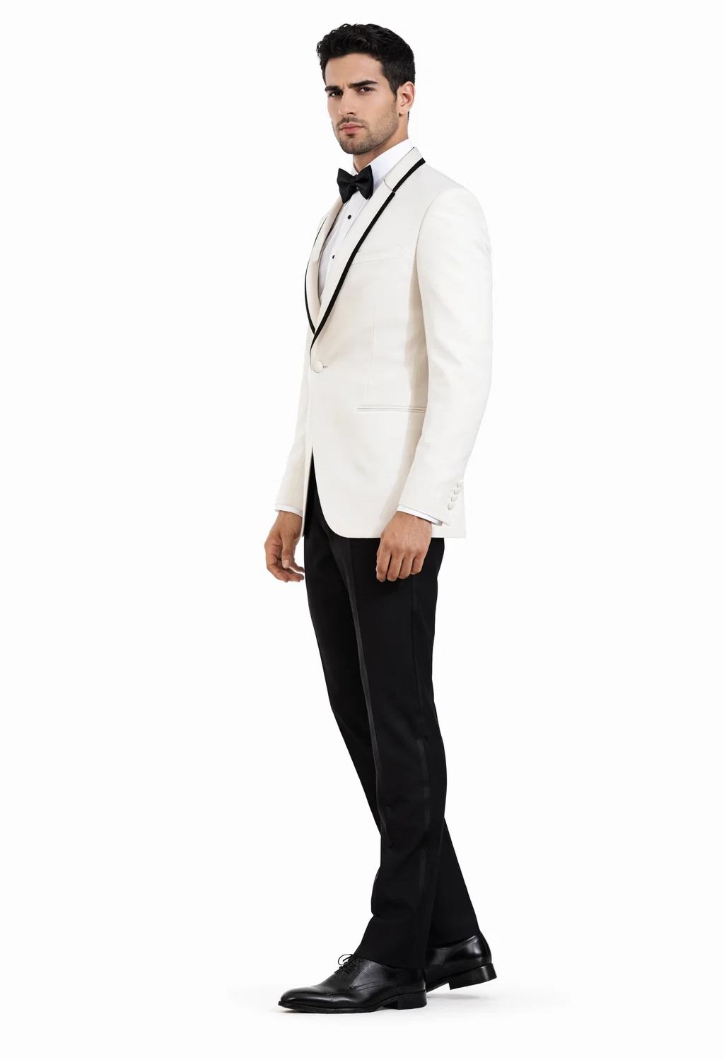 "Mens Suit Designer Charles Shawl Dinner Jacket in Ivory with Black Trim"