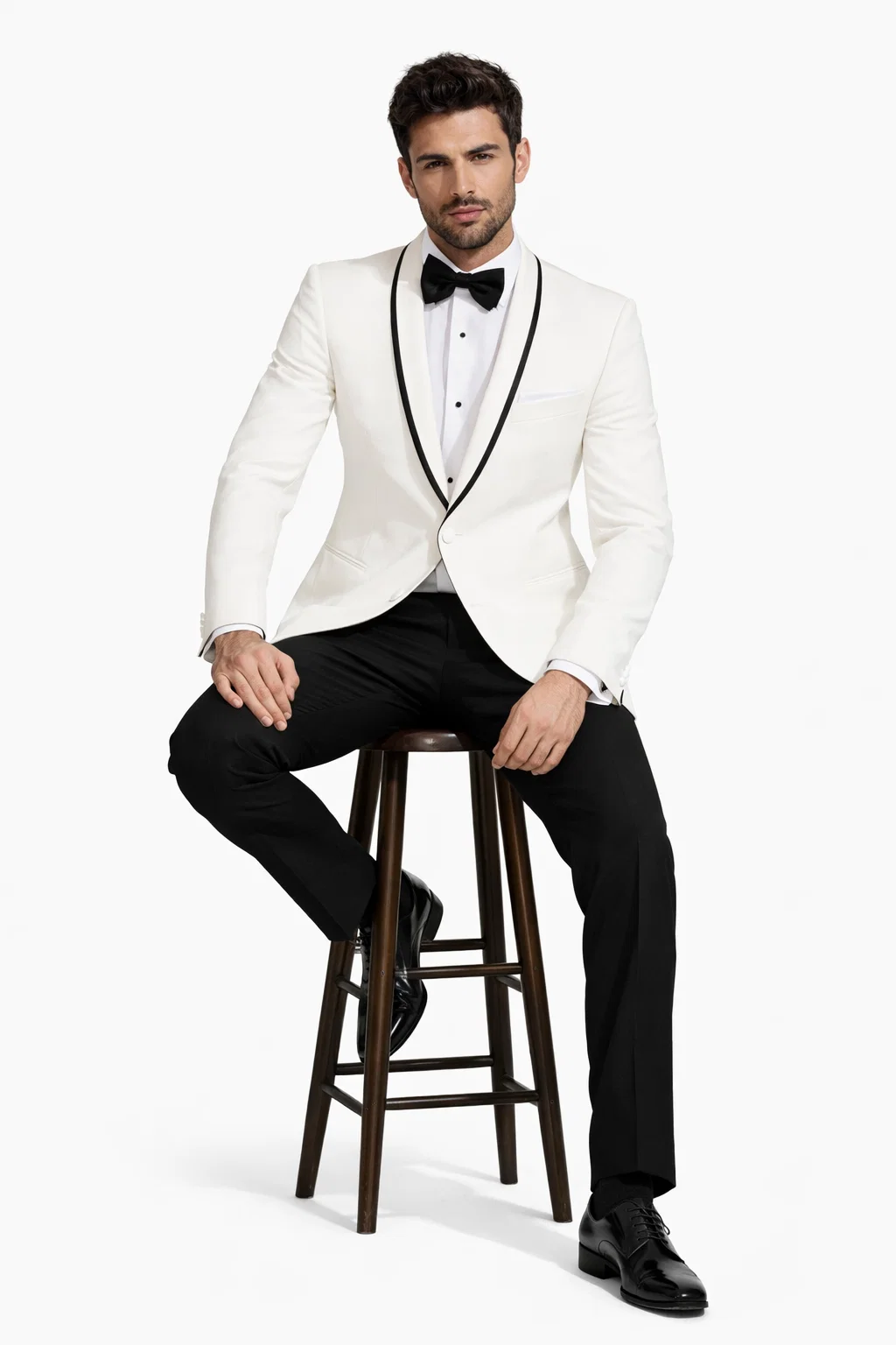 "Mens Suit Designer Charles Shawl Dinner Jacket in Ivory with Black Trim"