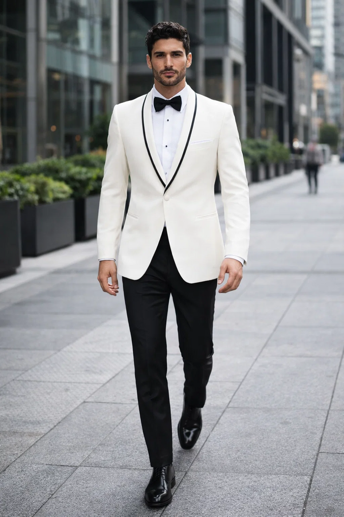 "Mens Suit Designer Charles Shawl Dinner Jacket in Ivory with Black Trim"