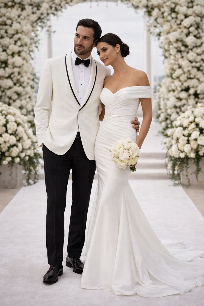 "Mens Suit Designer Charles Shawl Dinner Jacket in Ivory with Black Trim"