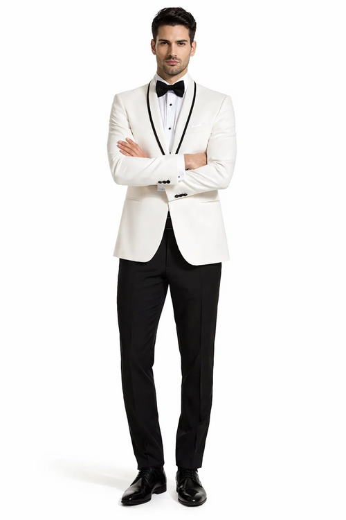 "Mens Suit Designer Charles Shawl Dinner Jacket in Ivory with Black Trim"
