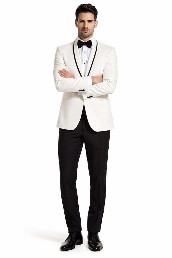 "Mens Suit Designer Charles Shawl Dinner Jacket in Ivory with Black Trim"
