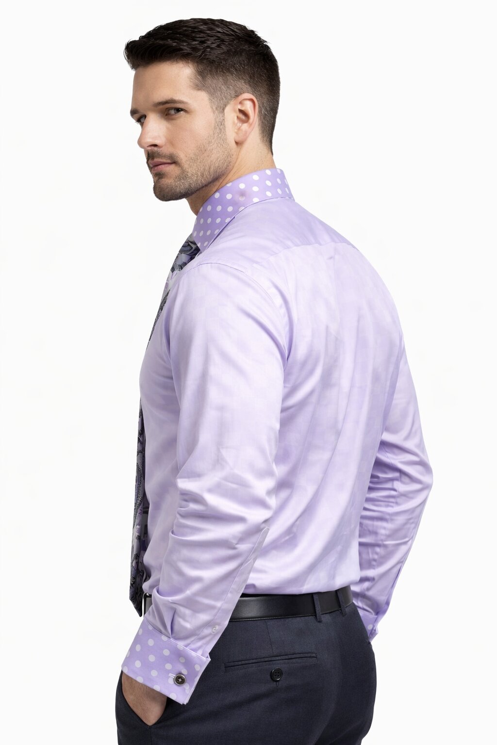 Polka Dot French Cuffed Matching Shirt & Tie Combo Lavender Set Men's Dress Shirt - Large 16.5" Neck / 36-37" Sleeve