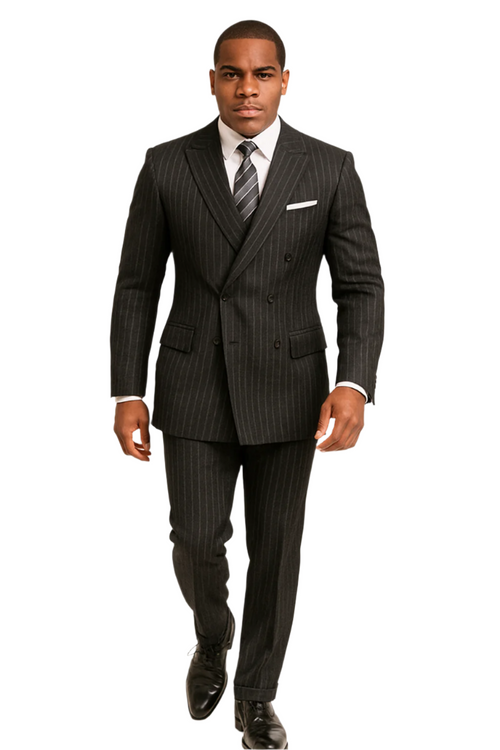 Rockefeller Collection - Double Breasted Stripe Suit Black Regular Fit 2 Piece