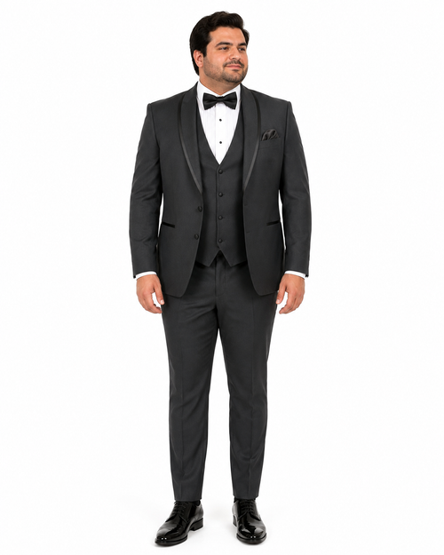 Classic Mens Vested Tuxedo in Charcoal â€“ Satin Shawl Collar for Formal Events