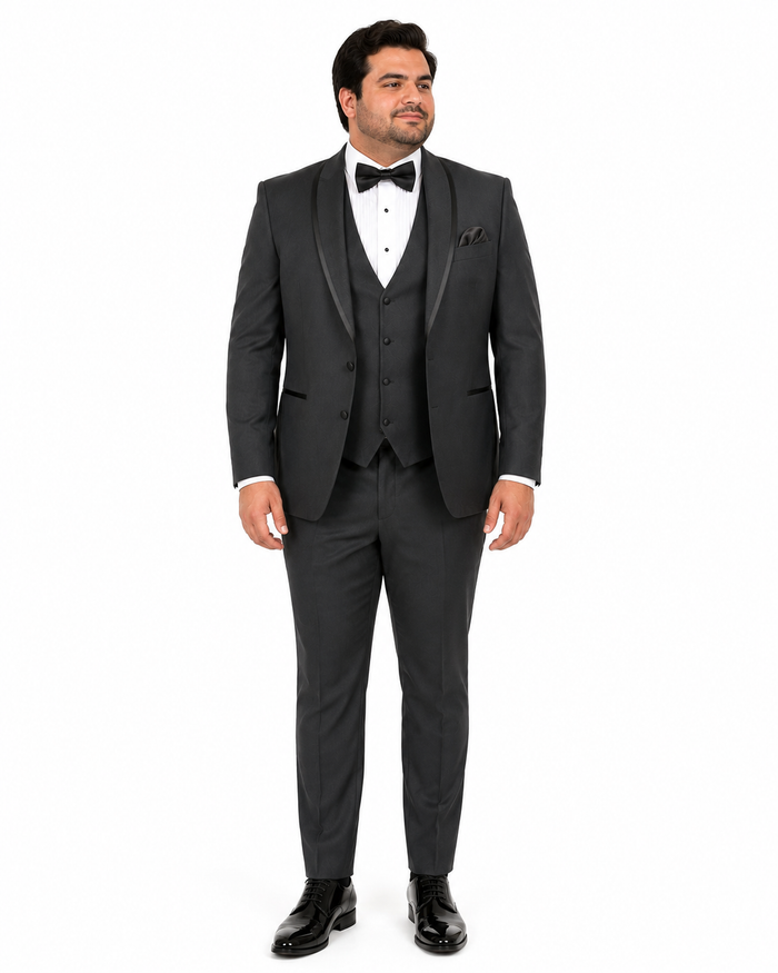 Classic Mens Vested Tuxedo in Charcoal â€“ Satin Shawl Collar for Formal Events