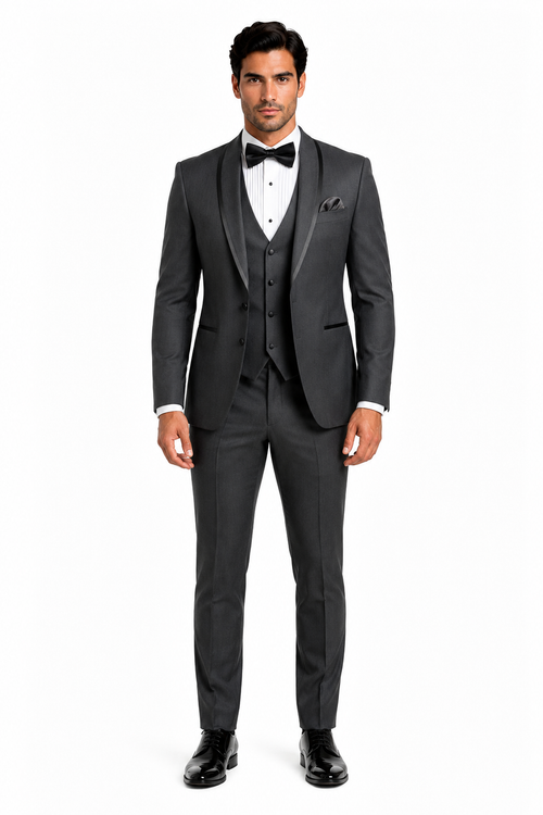 Classic Mens Vested Tuxedo in Charcoal â€“ Satin Shawl Collar for Formal Events